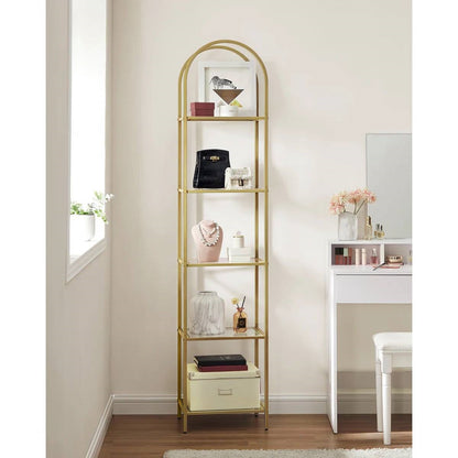 Arched Top Gold Metal Display Rack Narrow Bookcase with 5 Glass Storage Shelves