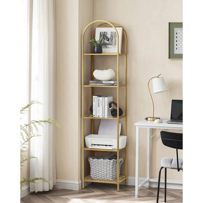 Arched Top Gold Metal Display Rack Narrow Bookcase with 5 Glass Storage Shelves