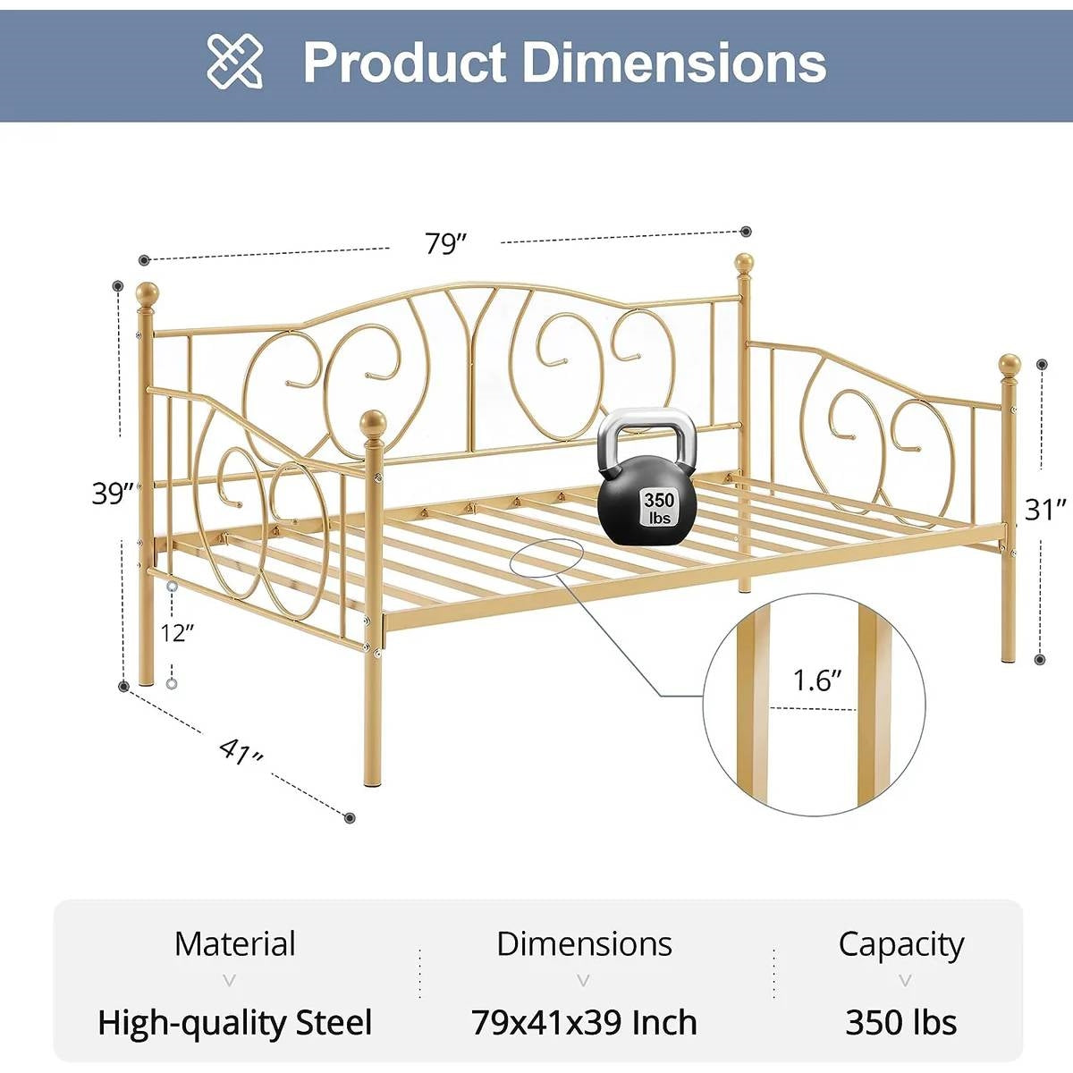 Twin size French Country Style Gold Metal Daybed Frame
