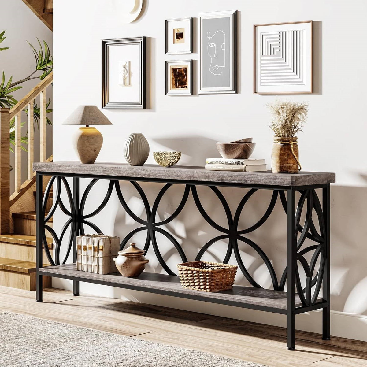Modern 70-inch Long Narrow Foyer Entryway Table with Grey Wood Top and Shelf
