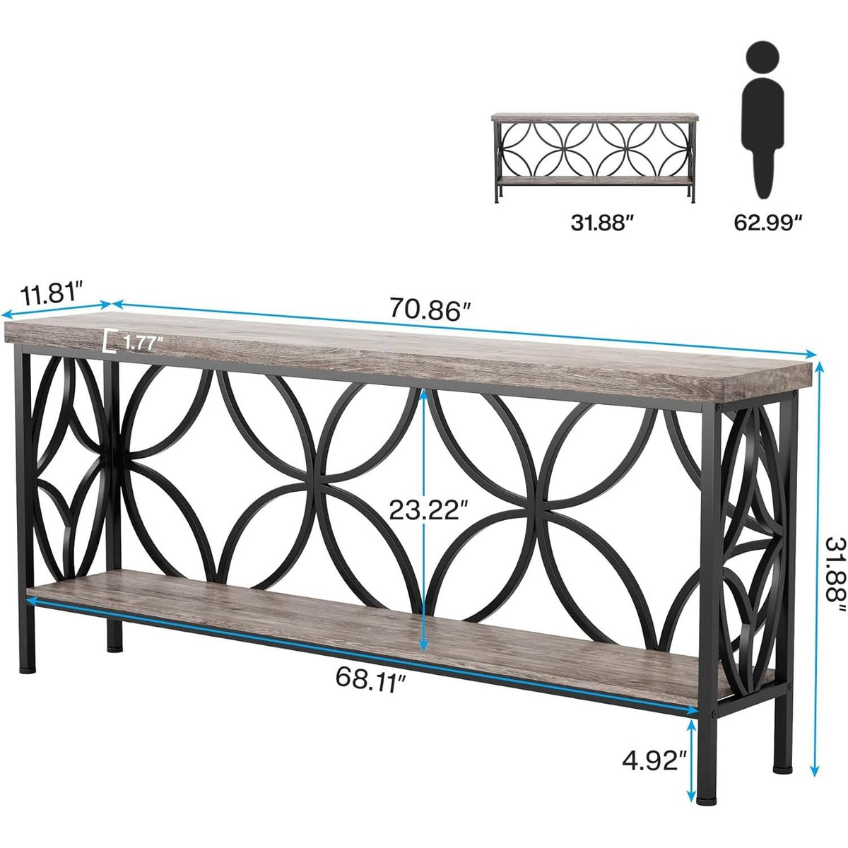 Modern 70-inch Long Narrow Foyer Entryway Table with Grey Wood Top and Shelf