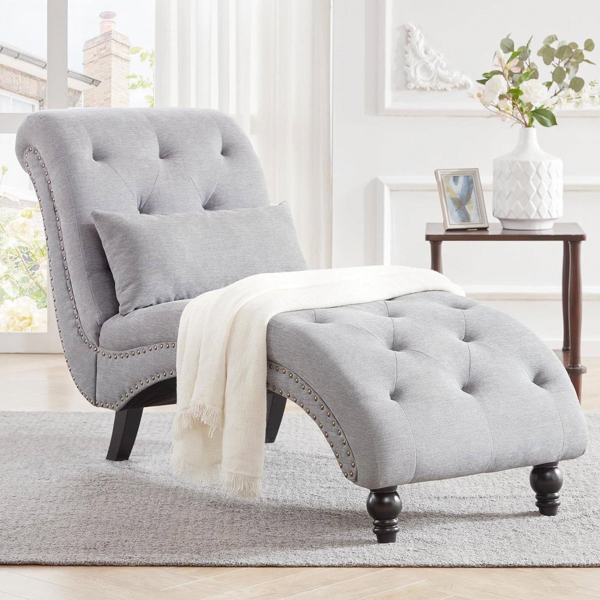 Grey Linen Upholstered Armless Chaise Lounge Chair with Pillow