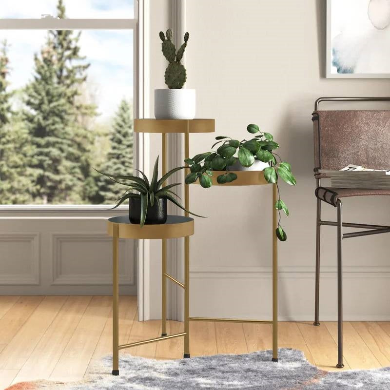 Modern Gold Grey Metal 3-Tier Flower Pot Plant Stand