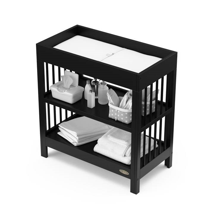 Modern Changing Table in Black Wood Finish with Safety Rail and Changing Pad