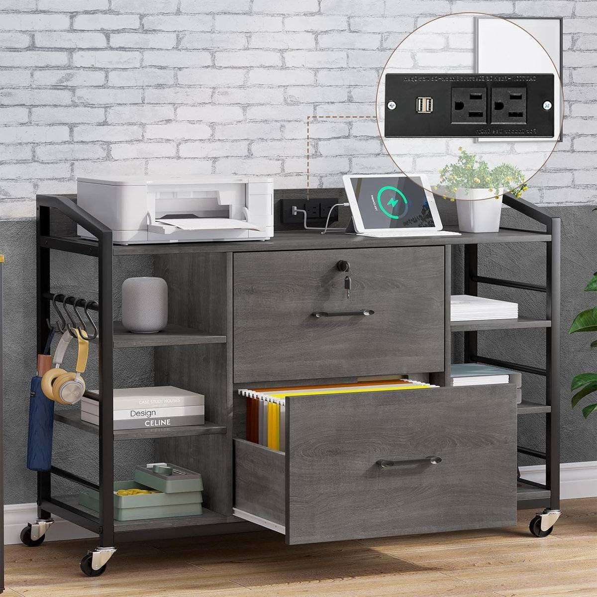 Grey Printer Stand Bookcase Power Station Mobile Office File Cabinet