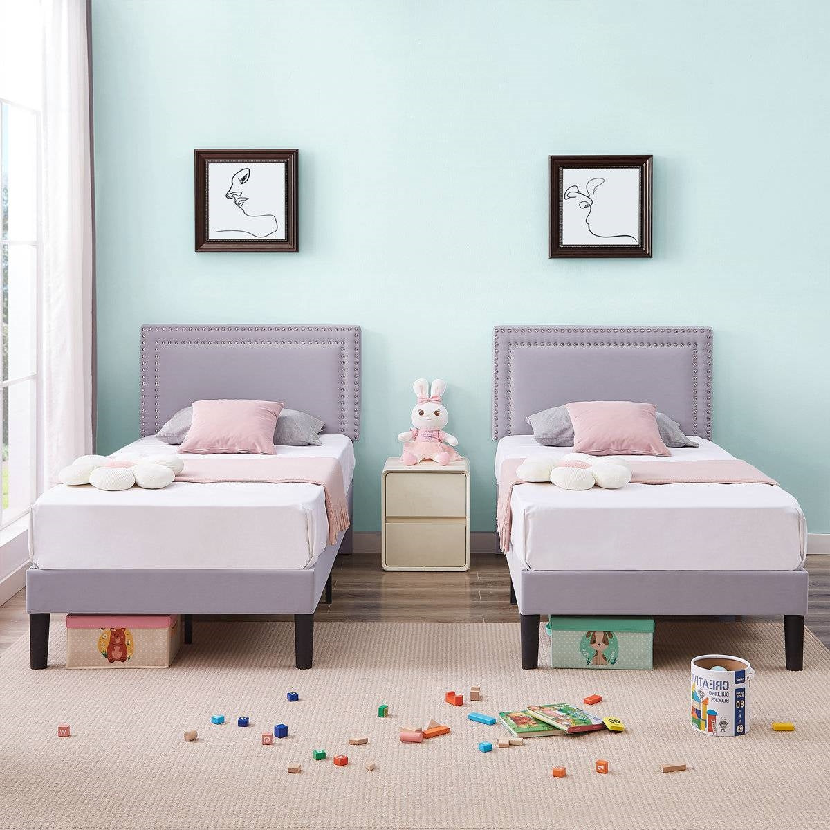 Set of 2 - Twin size Grey Upholstered Platform Bed Frame with Headboard