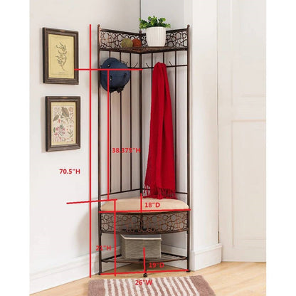 Metal Corner Hall Tree Foyer Entryway Shoe Storage Bench Coat Rack in Copper