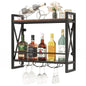 Industrial Rustic Brown Wood Metal 2 Tier Wall Mounted Wine Rack