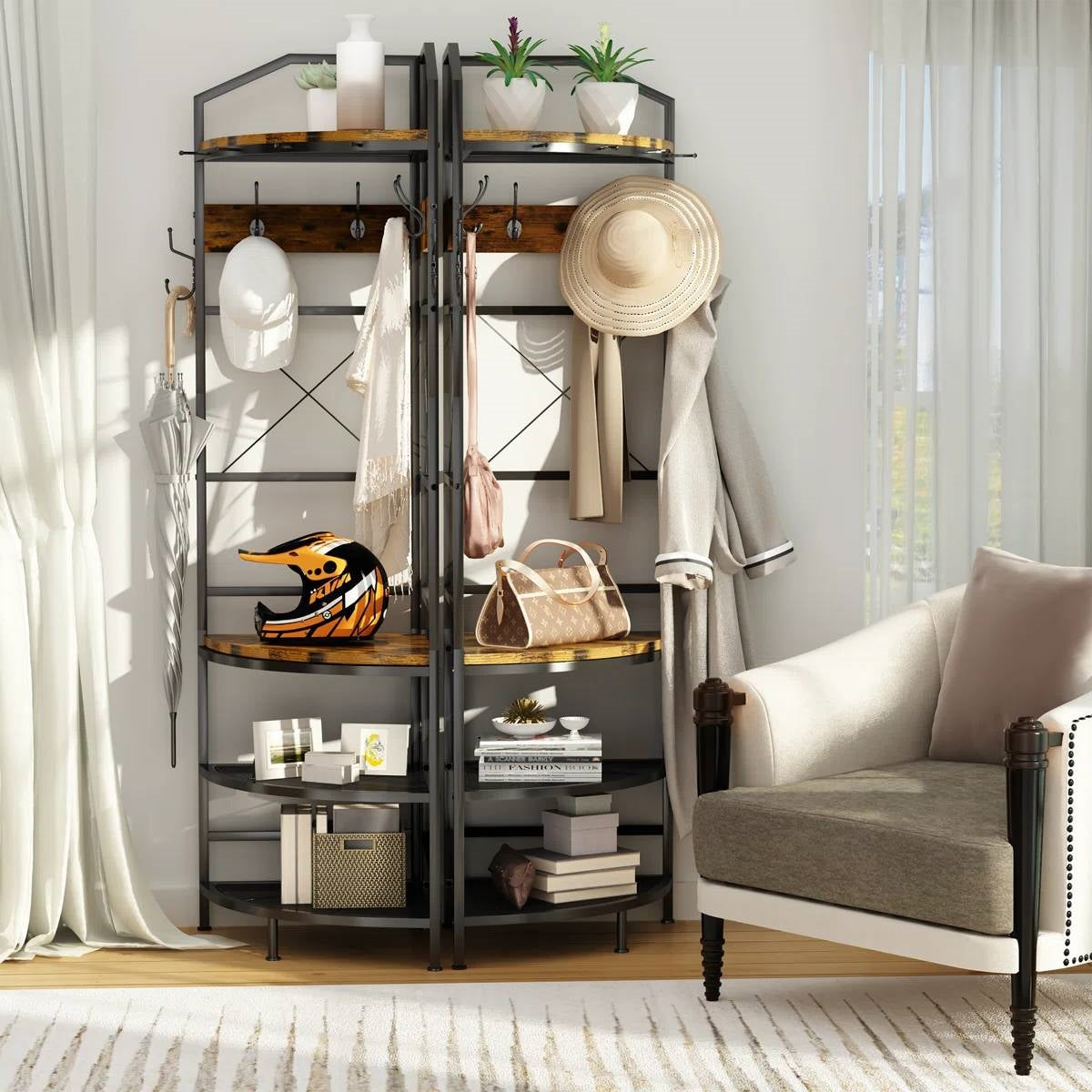 Industrial Metal/Wood Corner Hall Tree Shoe Storage Bench Coat Rack