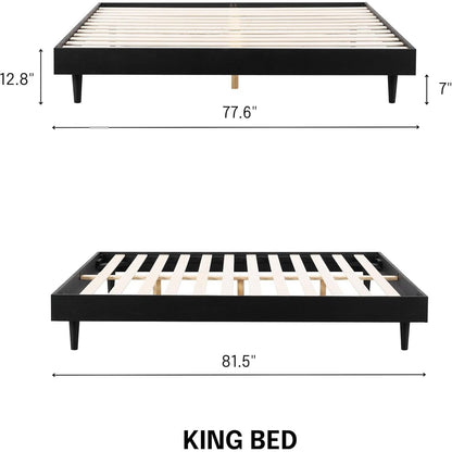 King size Mid-Century Modern Platform Bed Frame in Black Wood Finish