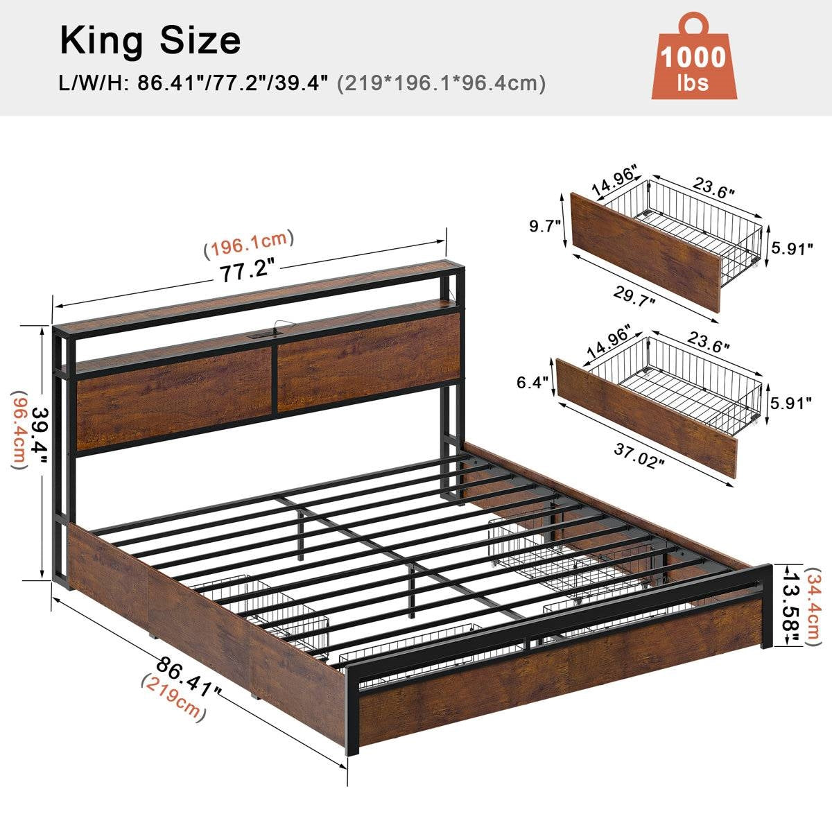 King size Platform Bed with Headboard and Storage Drawers in Brown Wood Finish
