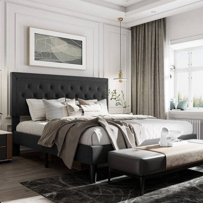 King Black Linen Upholstered Platform Bed Frame with Button-Tufted Headboard