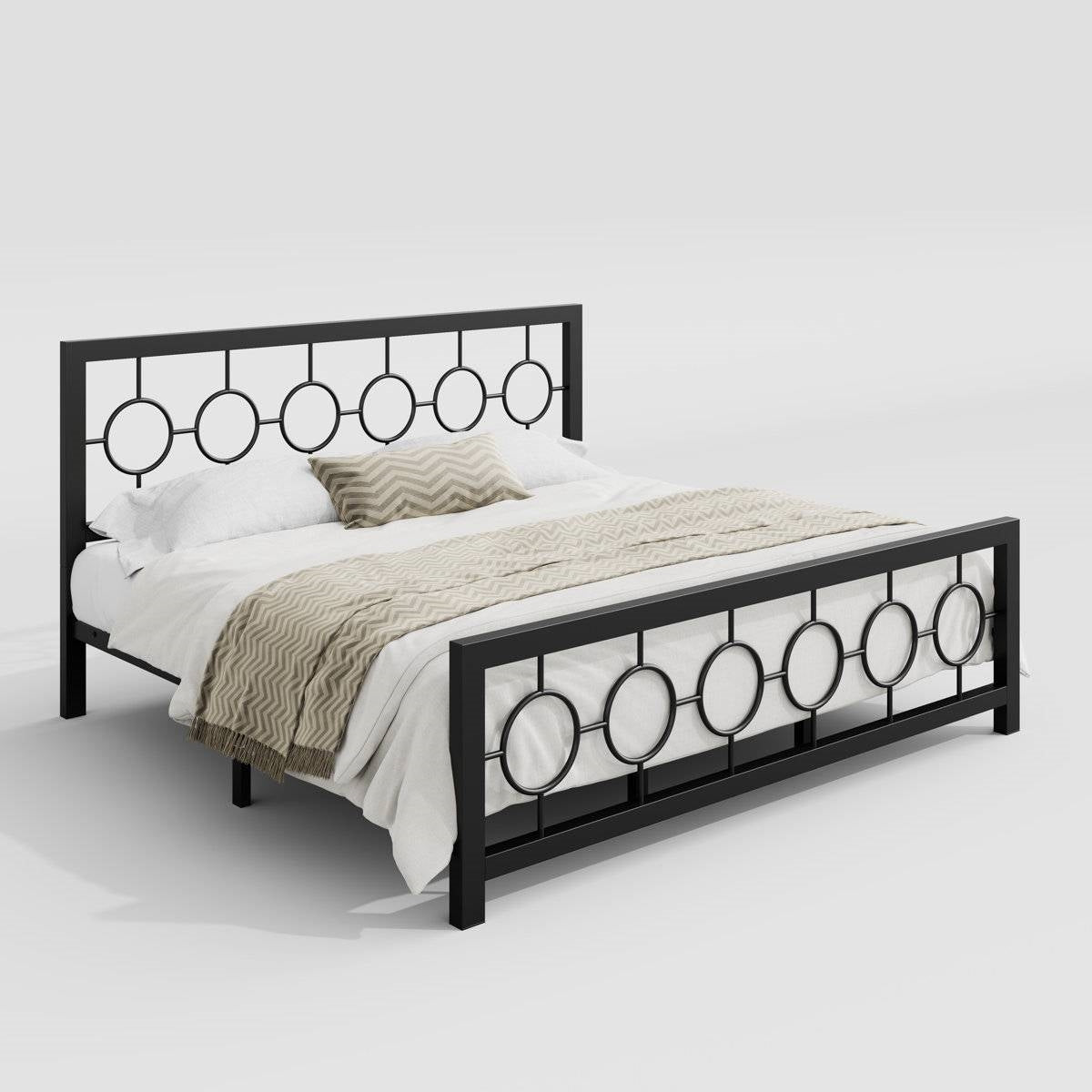 King Black Metal Platform Bed Frame with Circle Medallion Headboard Footboard