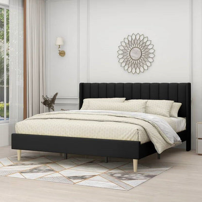 King size Mid-Century Black Linen Platform Bed Frame with Upholstered Headboard