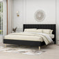King size Mid-Century Black Linen Platform Bed Frame with Upholstered Headboard