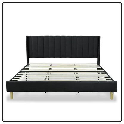 King size Mid-Century Black Linen Platform Bed Frame with Upholstered Headboard