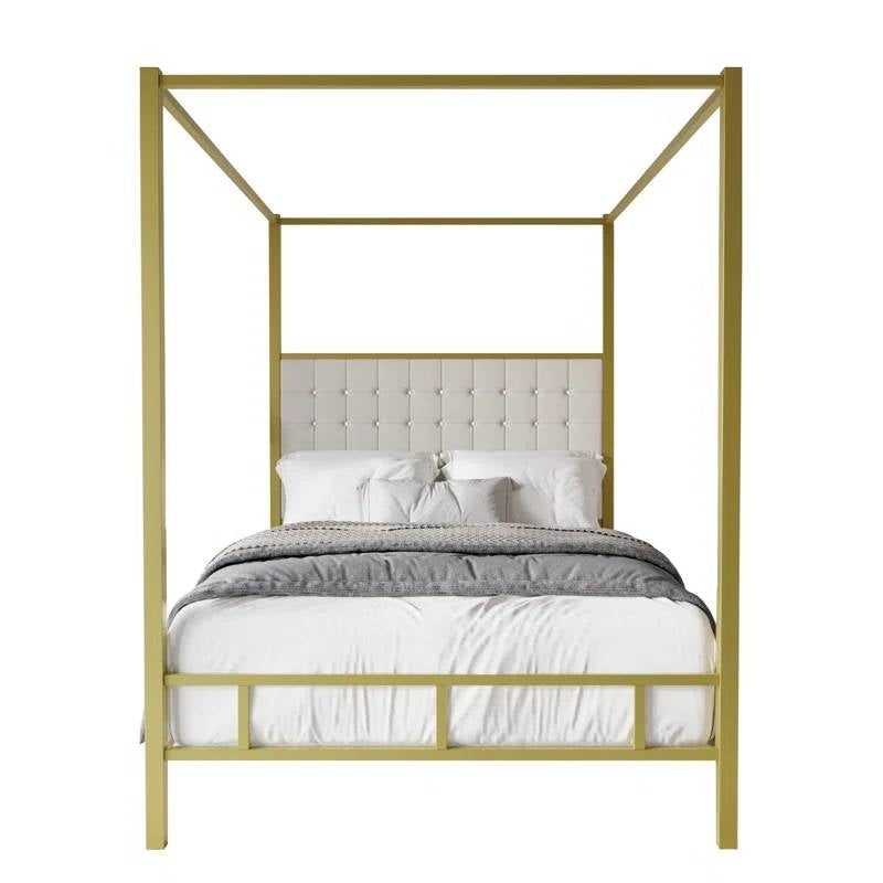King size Gold Metal Canopy Bed with Upholstered Button-Tufted Headboard