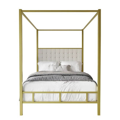 King size Gold Metal Canopy Bed with Upholstered Button-Tufted Headboard