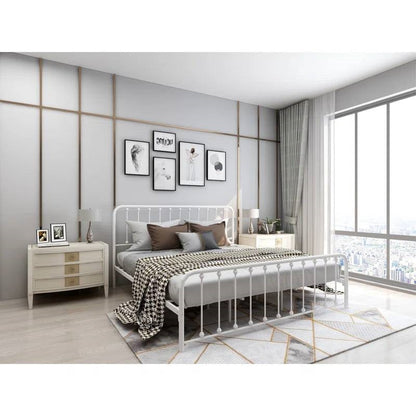 King White Metal Platform Bed Frame with Rounded Corners Headboard Footboard