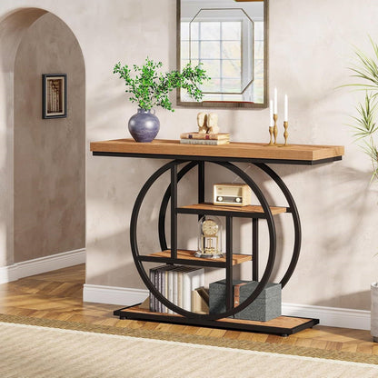 Modern 41-inch Round Base Entryway Sofa Table with Brown Wood Finish Shelves