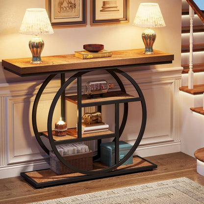 Modern 41-inch Round Base Entryway Sofa Table with Brown Wood Finish Shelves