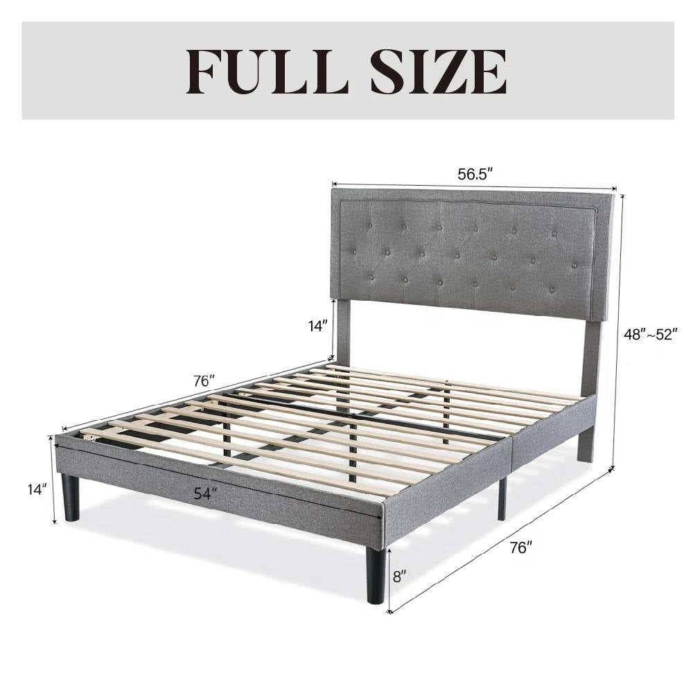 Full size Grey Linen Upholstered Platform Bed Frame with Button-Tufted Headboard