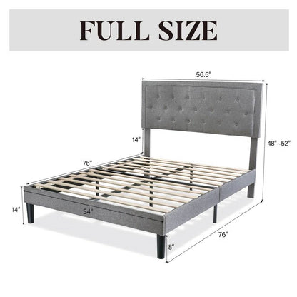 Full size Grey Linen Upholstered Platform Bed Frame with Button-Tufted Headboard