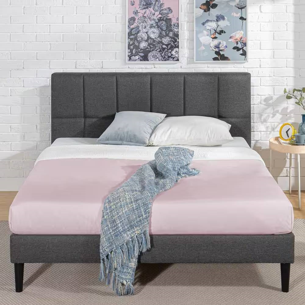 Queen size Grey Upholstered Platform Bed Frame with Padded Headboard