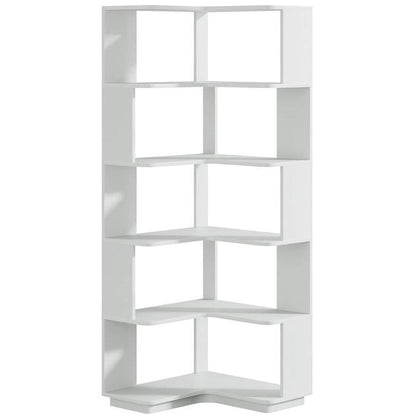Multifunctional 6 Shelf Corner L-Shaped Bookcase in Sliver Grey Wood Finish