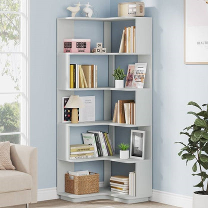 Multifunctional 6 Shelf Corner L-Shaped Bookcase in Sliver Grey Wood Finish