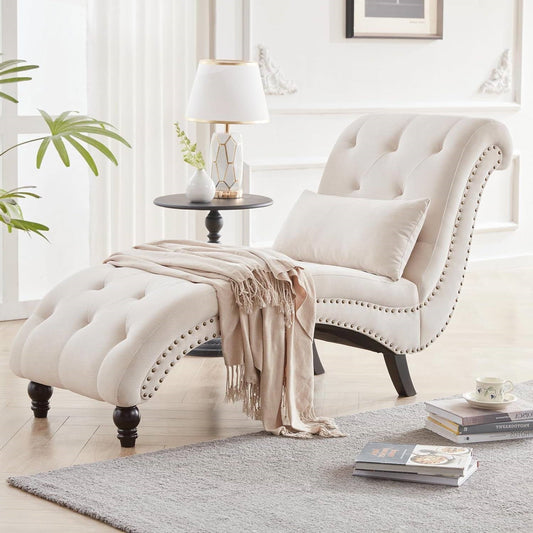 Cream Beige Linen Upholstered Armless Chaise Lounge Chair with Pillow