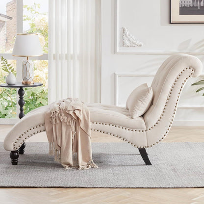 Cream Beige Linen Upholstered Armless Chaise Lounge Chair with Pillow