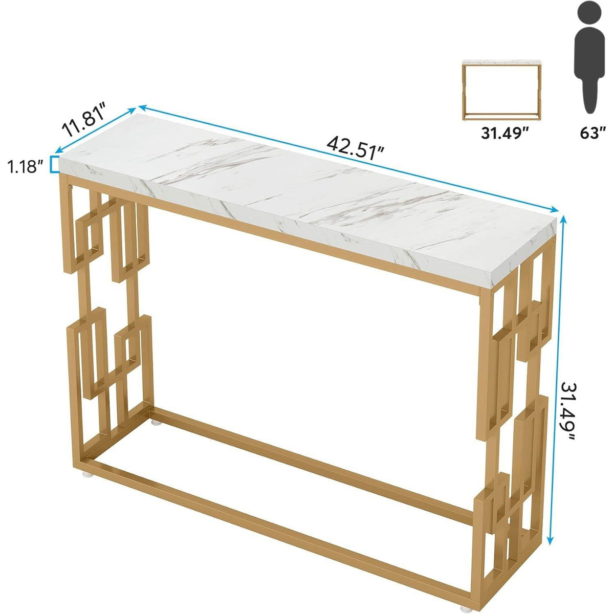 42-inch Modern Console Sofa Table with White Faux Marble Top and Gold Frame