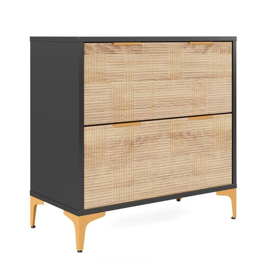Retro Natural/Black with Gold Handles/Legs 2 Drawer Filing Cabinet Printer Stand