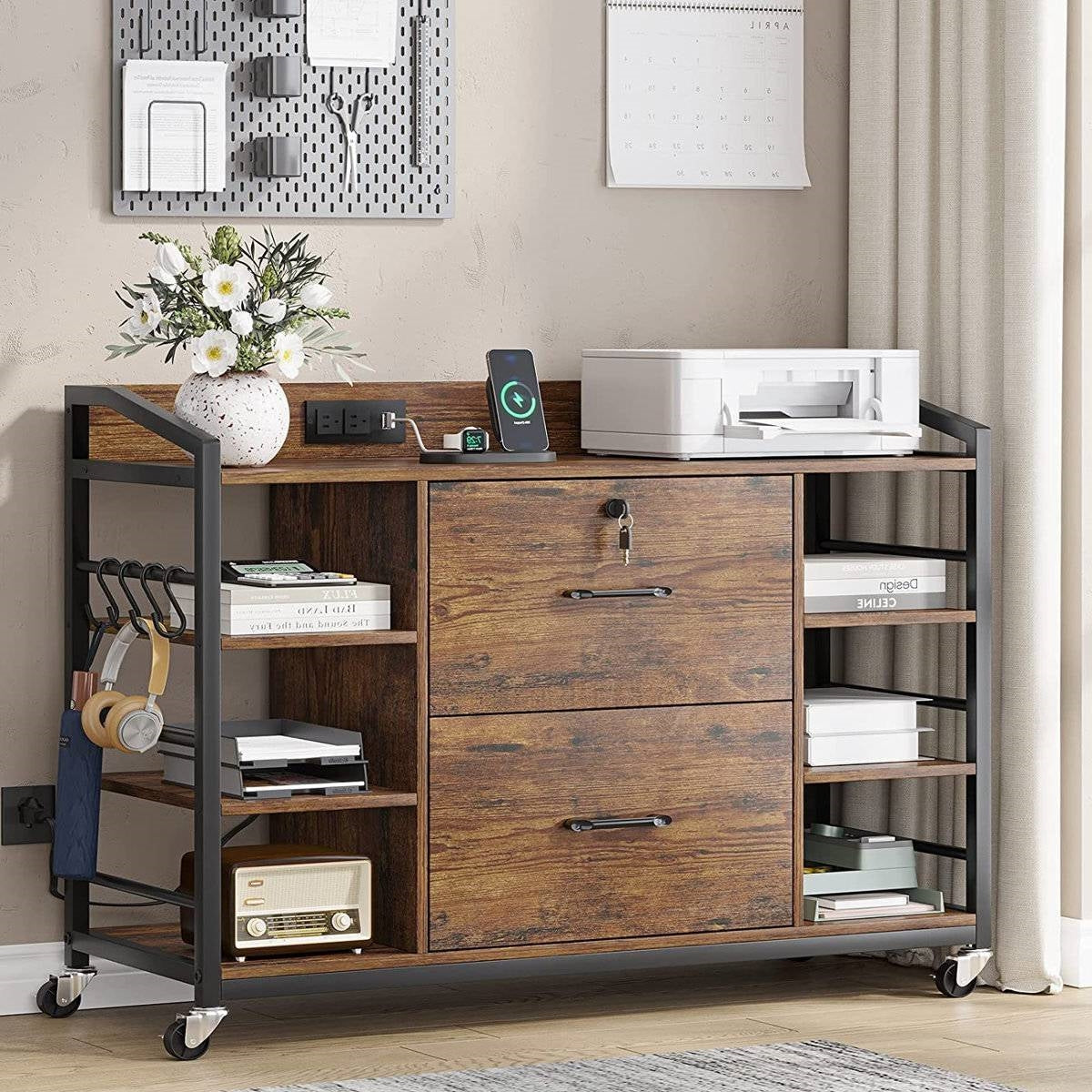 Brown Printer Stand Bookcase Power Station Mobile Office File Cabinet