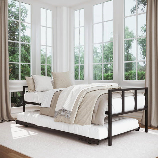 Twin Heavy Duty Black Metal Daybed Frame with Roll-Out Pop-Up Trundle Bed Frame