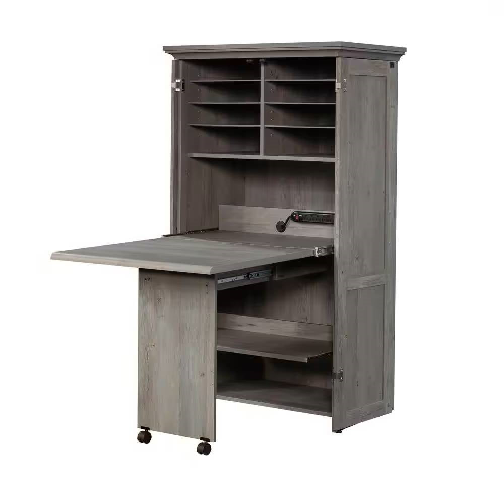 Armoire with Drop Leaf Laptop Desk Craft Table in Grey Oak Finish - Made in USA