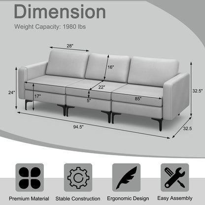 3-Seat Sectional Sofa Couch with Armrest Magazine Pocket and Metal Leg
