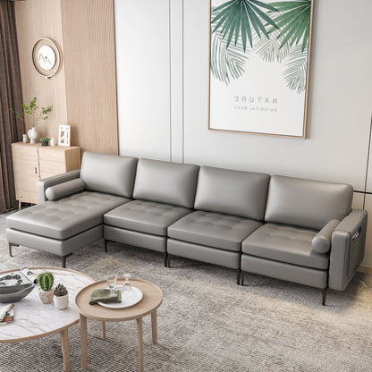 Modular L-shaped 4-Seat Sectional Sofa with Reversible Chaise and 2 USB Socket