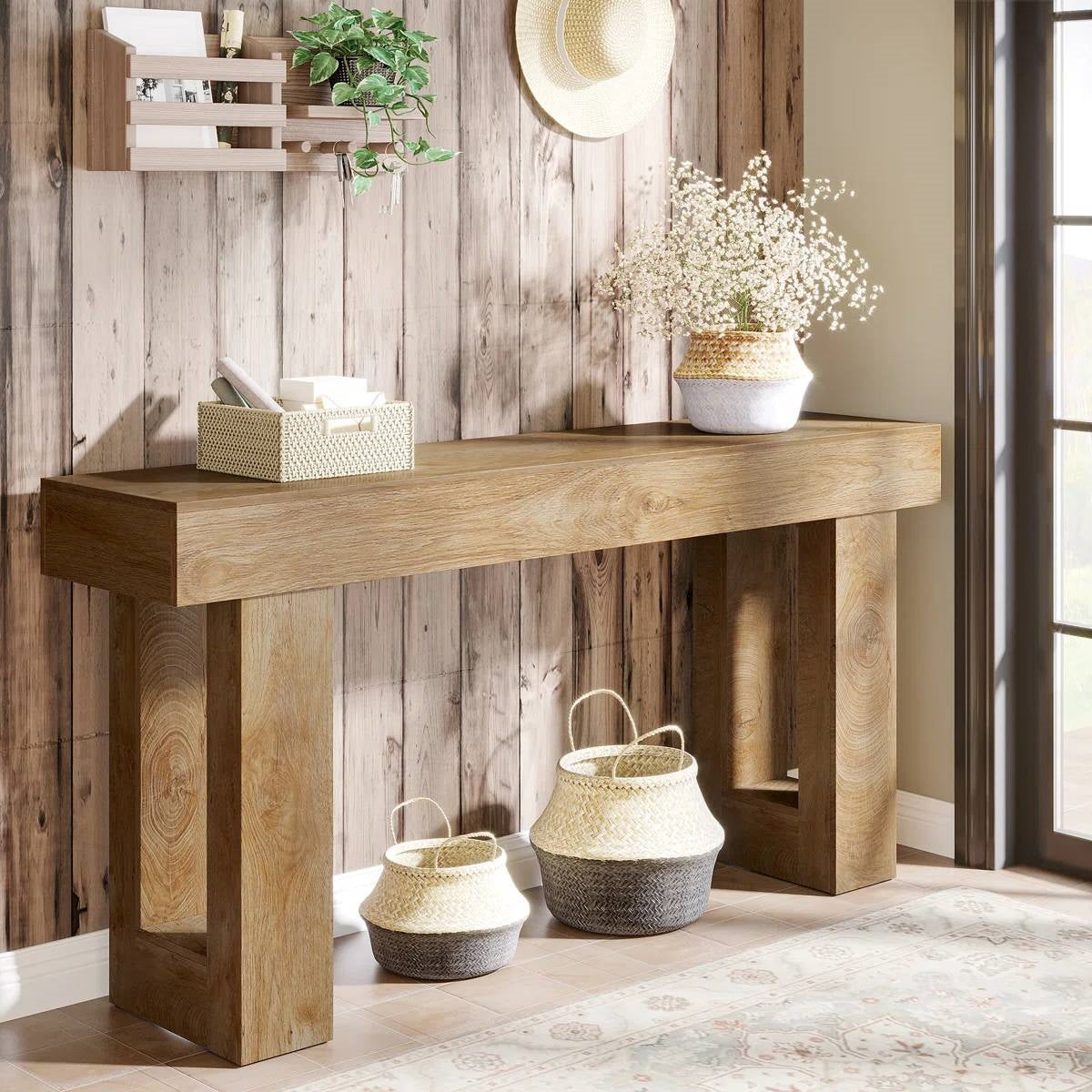 Modern Farmhouse 63-inch Long Narrow Console Sofa Table in Natural Wood Finish
