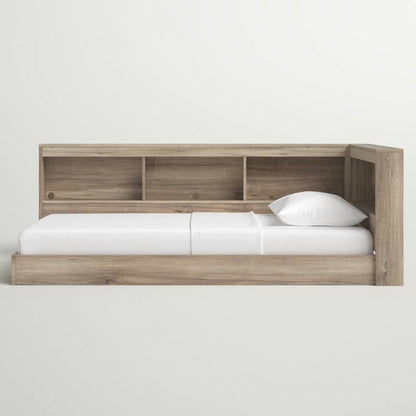 Twin size Natural Wood Corner Storage Bed with Bookcase Headboard and USB Ports