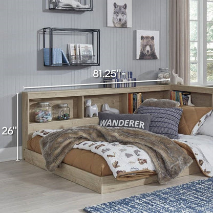 Twin size Natural Wood Corner Storage Bed with Bookcase Headboard and USB Ports