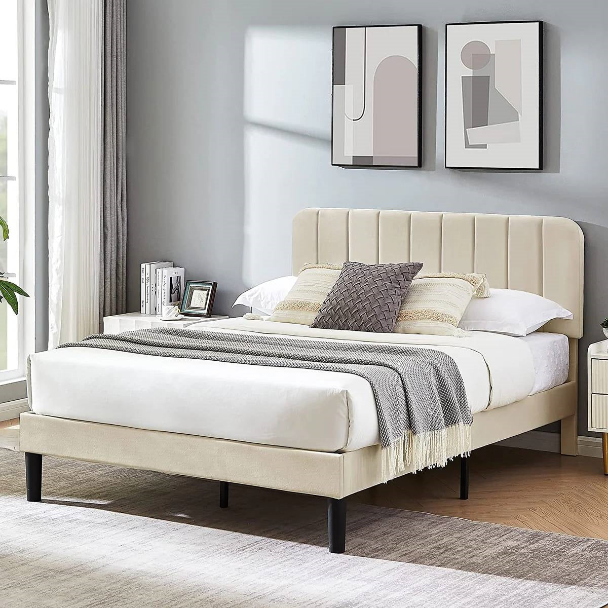 Queen size Beige Upholstered Platform Bed Frame with Headboard
