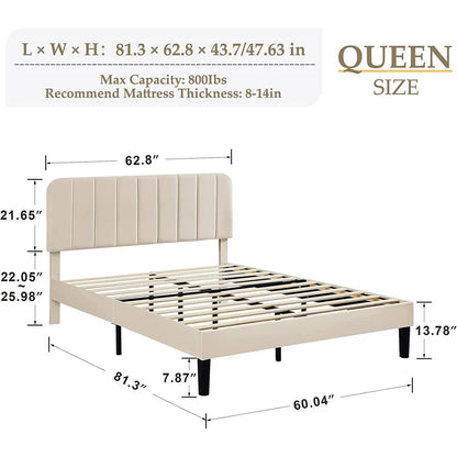 Queen size Beige Upholstered Platform Bed Frame with Headboard