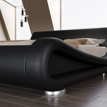 Queen Modern Black Upholstered Platform Bed Frame with Sleigh Curved Headboard