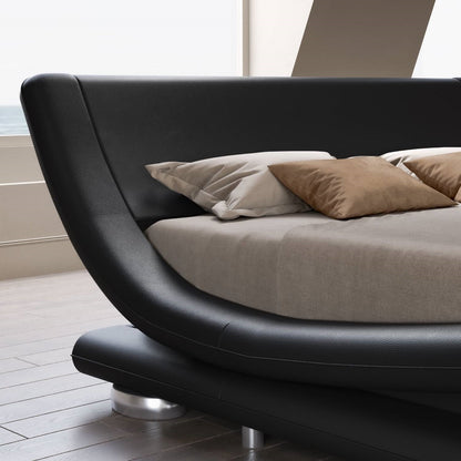 Queen Modern Black Upholstered Platform Bed Frame with Sleigh Curved Headboard
