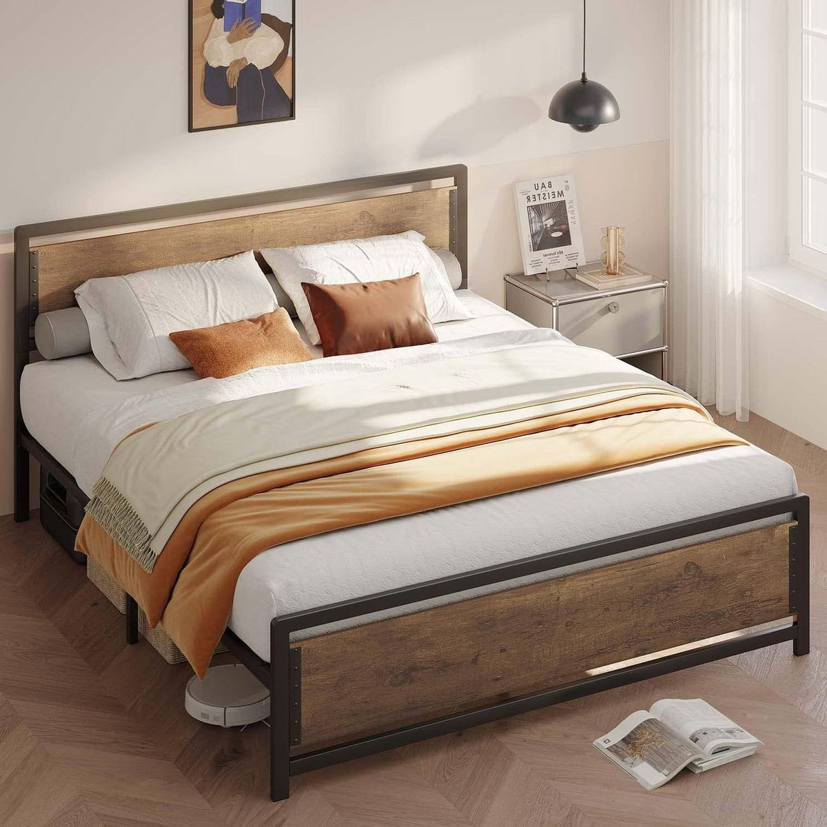 Queen Modern Metal Wood Industrial Platform Bed Frame with Headboard Footboard