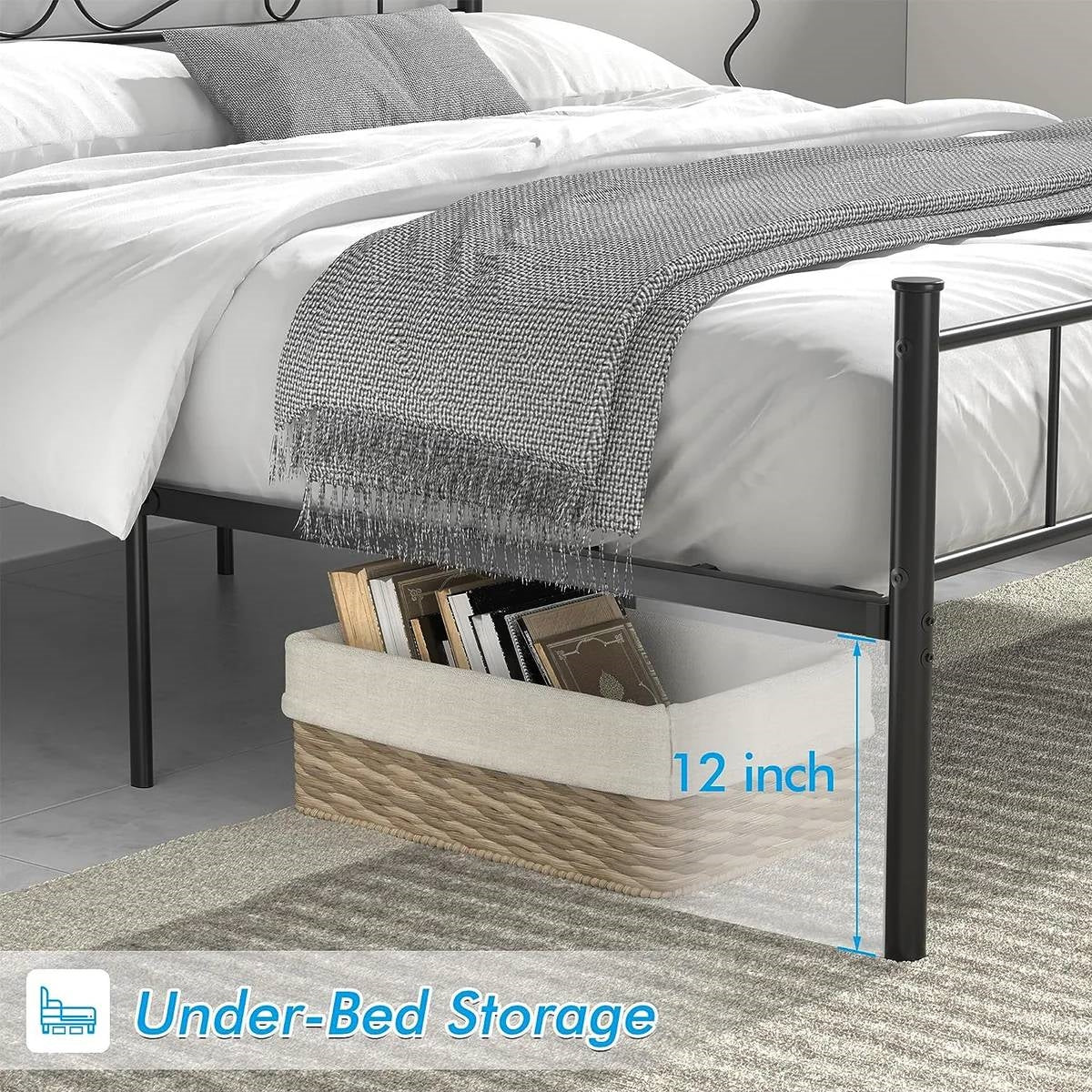 Queen Sturdy Metal Platform Bed Frame with Headboard Footboard in Black Finish