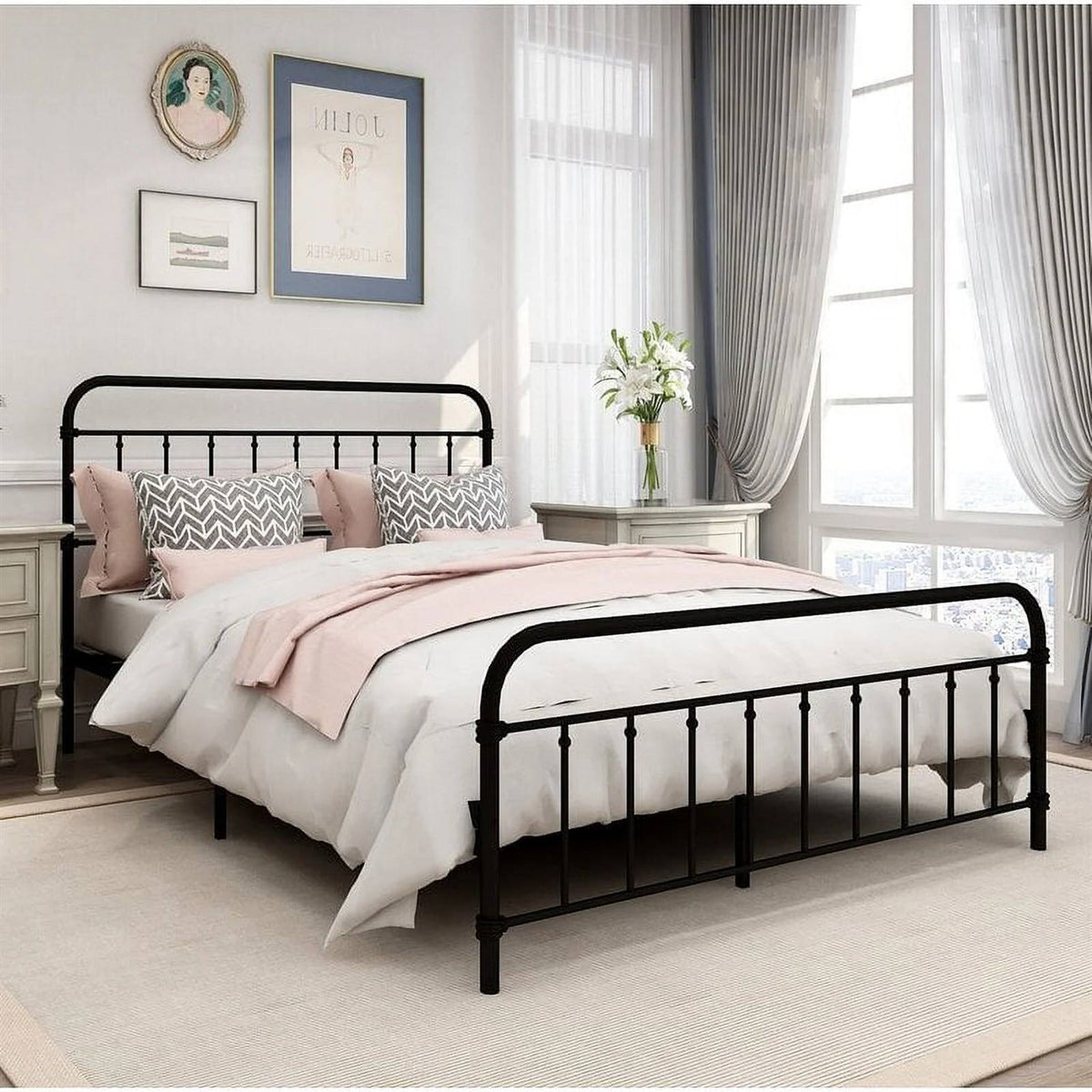 Queen Classic Farmhouse Black Metal Bed Frame with Rounded Headboard Footboard
