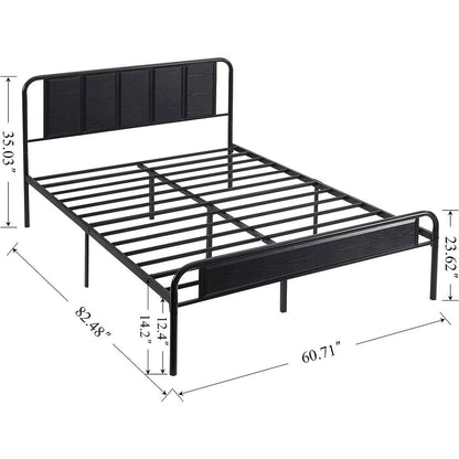 Queen size Black Wood Metal Platform Bed Frame with Rounded Headboard Footboard